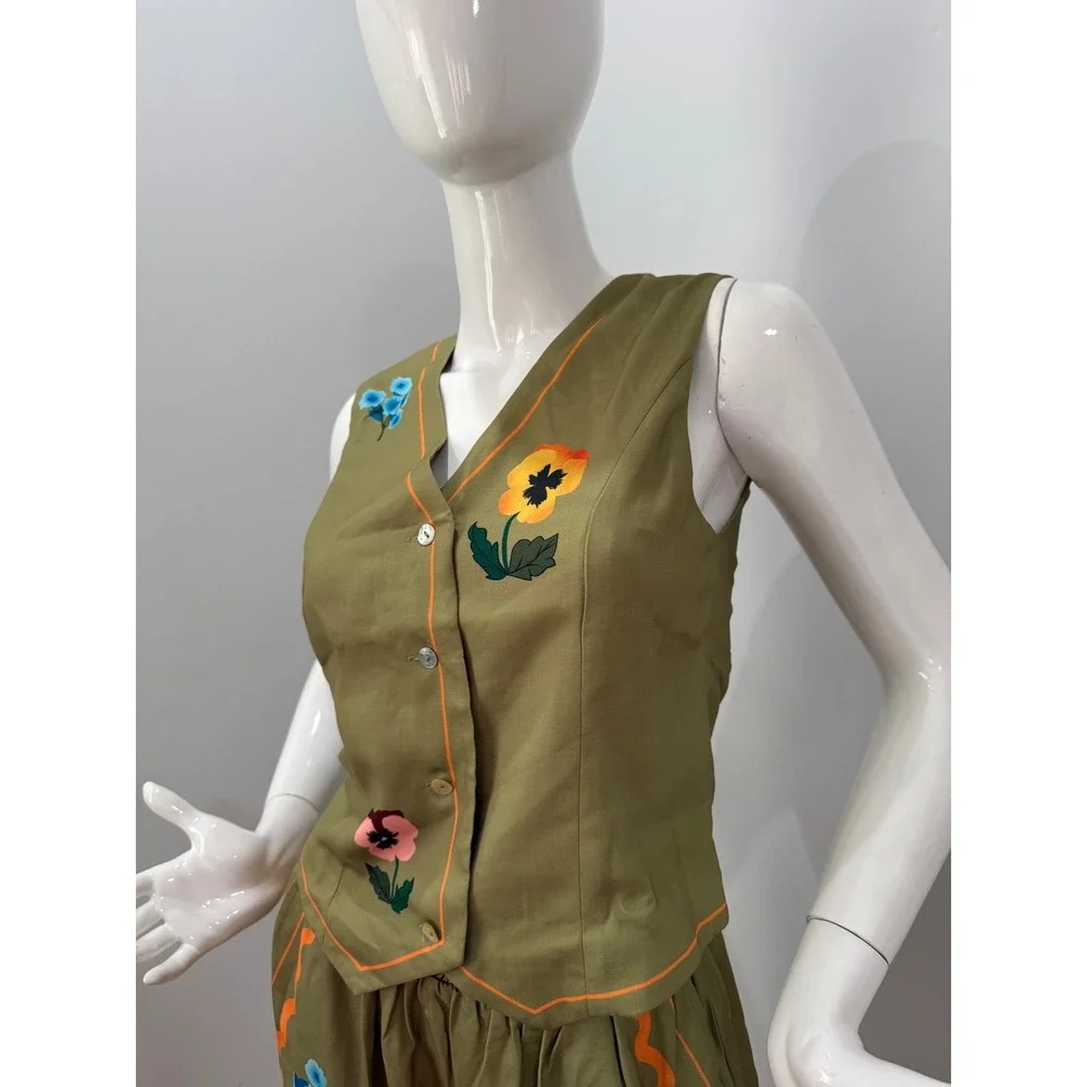 Commense Vest & Shorts Set Olive‎ Green Floral Embroidered Outfit Size XS - Picture 6 of 9